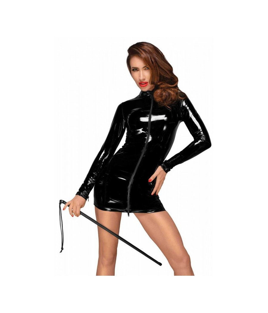 F187 Mini robe en PVC avec fermeture éclair noire à double sens sur le devant