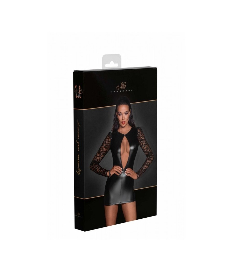 F253 Robe courte en Powerwetlook avec manches en dentelle