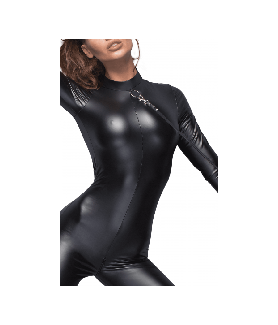 F162 Combinaison Powerwetlook avec leash et fermeture éclair bidirectionnelle