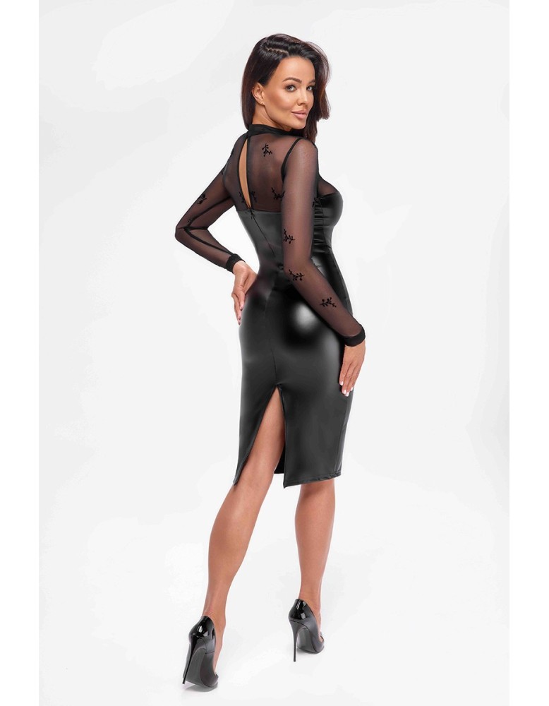 Robe moulante Sublime F310 wetlook et tulle floqué
